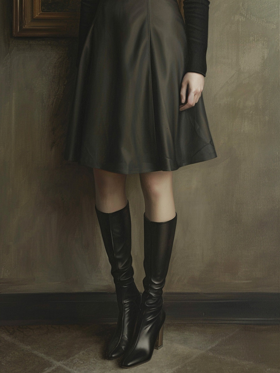  a woman wearing knee-length dress paired with boots