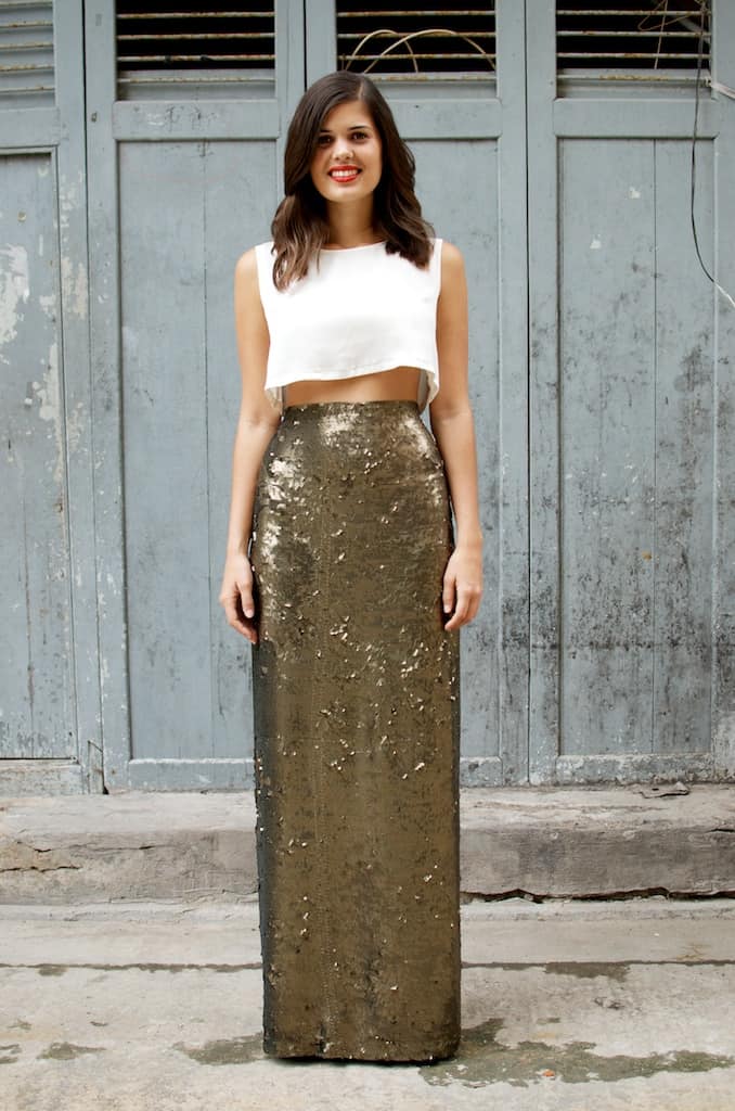 A girl in a white top and DIY Sequin Maxi Skirt