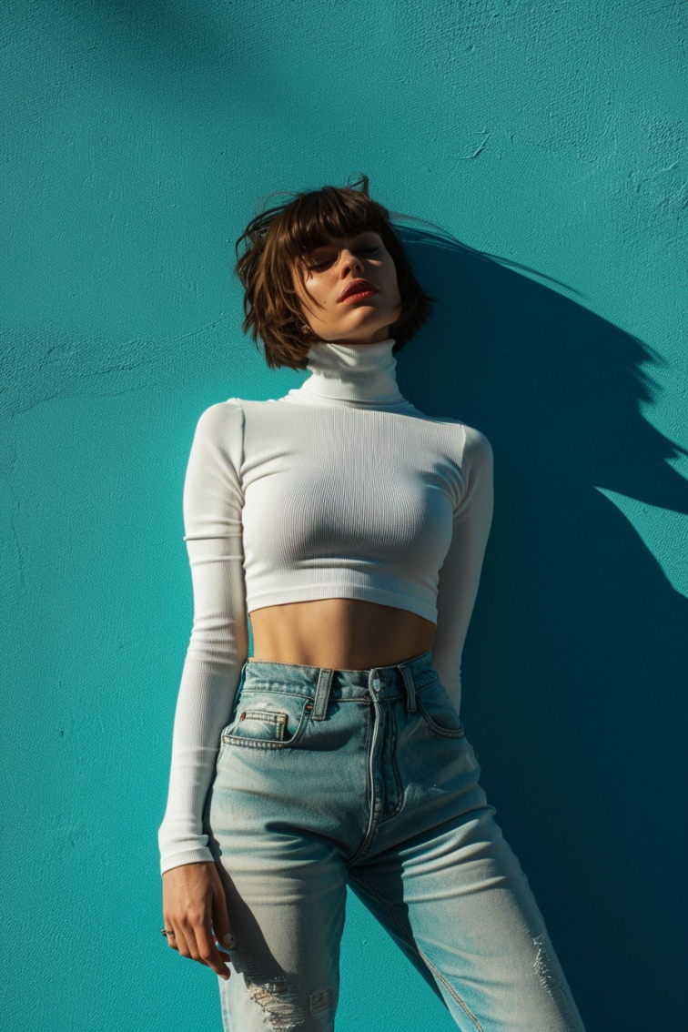 A hyperrealistic photograph featuring a person wearing a cropped turtleneck paired with high-waisted jeans
