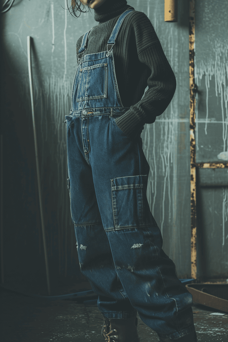photograph featuring a person wearing a new pair of overalls paired with a turtleneck, showcasing the comeback of this fashion trend