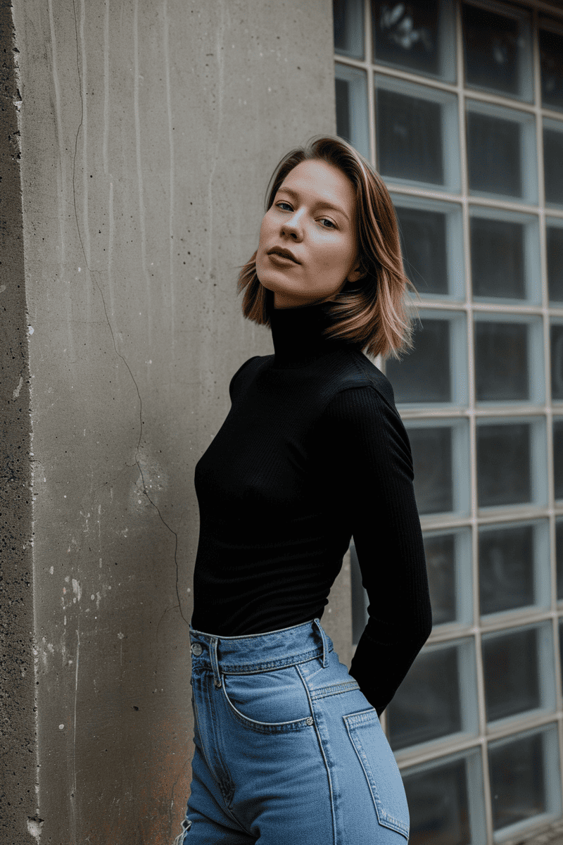 photograph featuring a person with a classic turtleneck effortlessly tucked into a comfortable and stylish pair of jeans, emphasizing the waistline for a sleek appearance