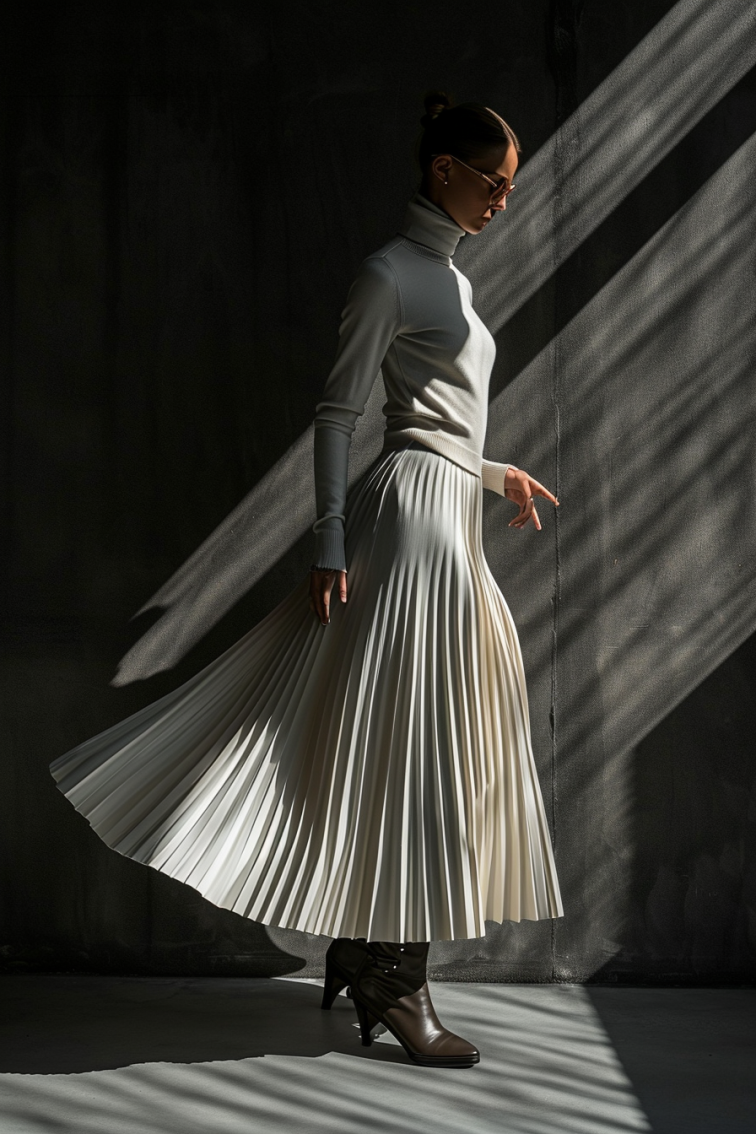 photograph featuring a person with a monochromatic classic turtleneck paired with a long pleated skirt, capturing a country-chic aesthetic