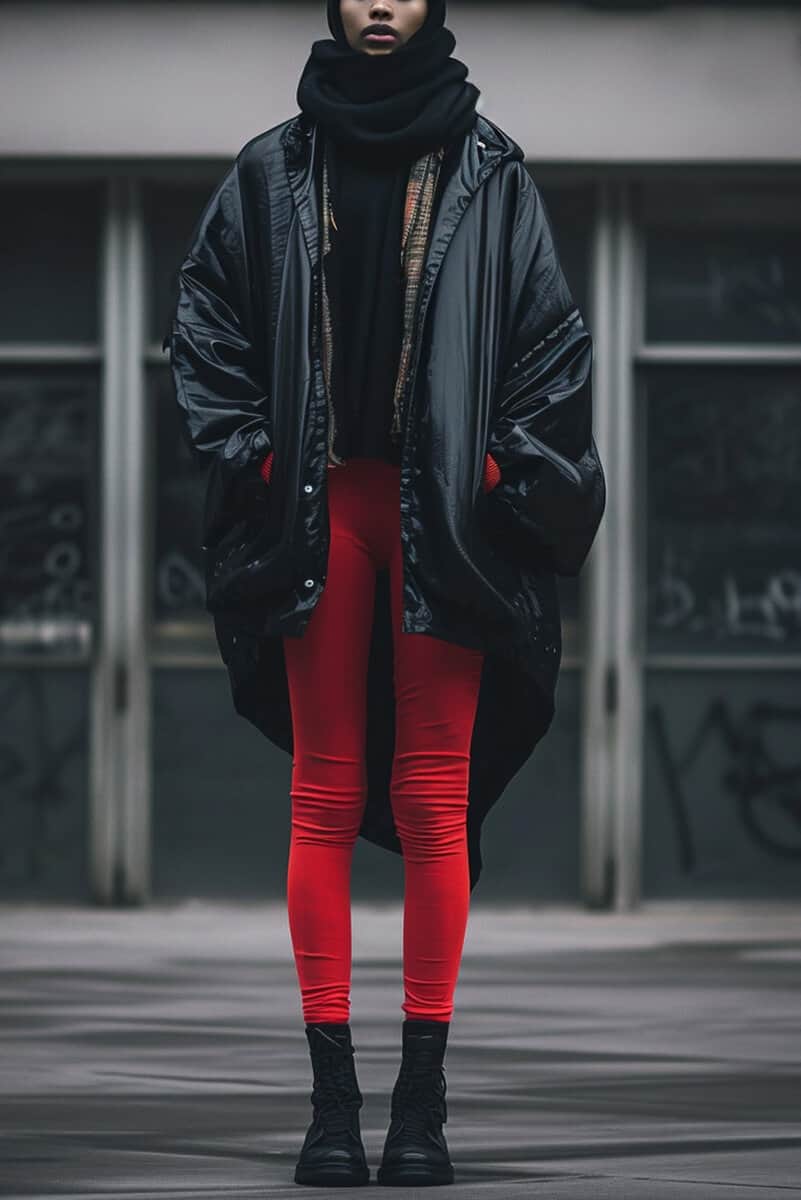 photograph of a person wearing a black classic turtleneck layered with red leggings, a scarf, and an unconventional jacket