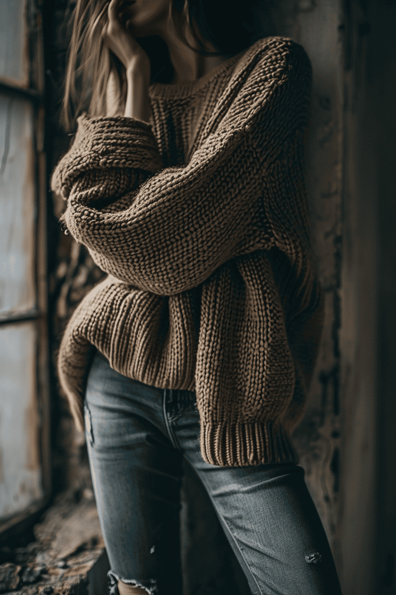photograph showcasing a person in an oversized sweater paired with skinny jeans, highlighting the contrast and comfort of this stylish combination