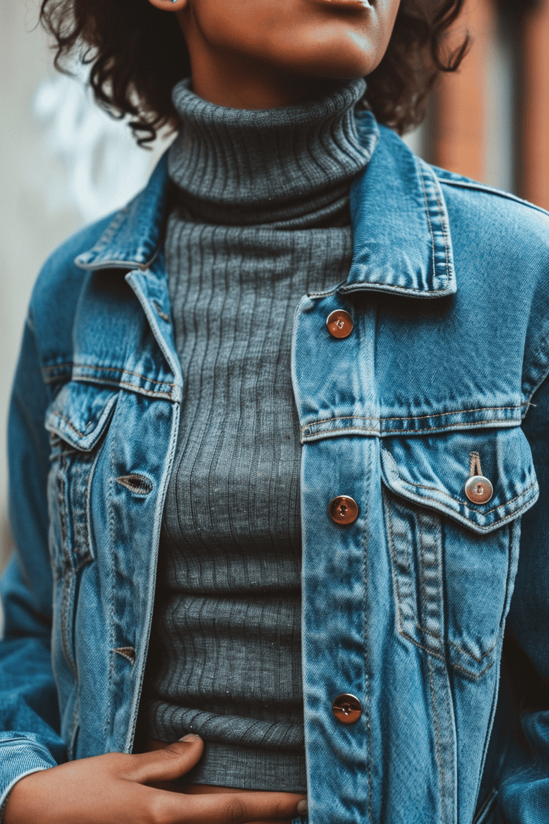 photograph showcasing a person wearing a turtleneck paired with a denim jacket, suitable for cooler fall nights or early spring days