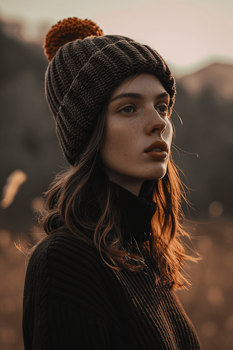 photograph showcasing a person wearing a turtleneck paired with beanies