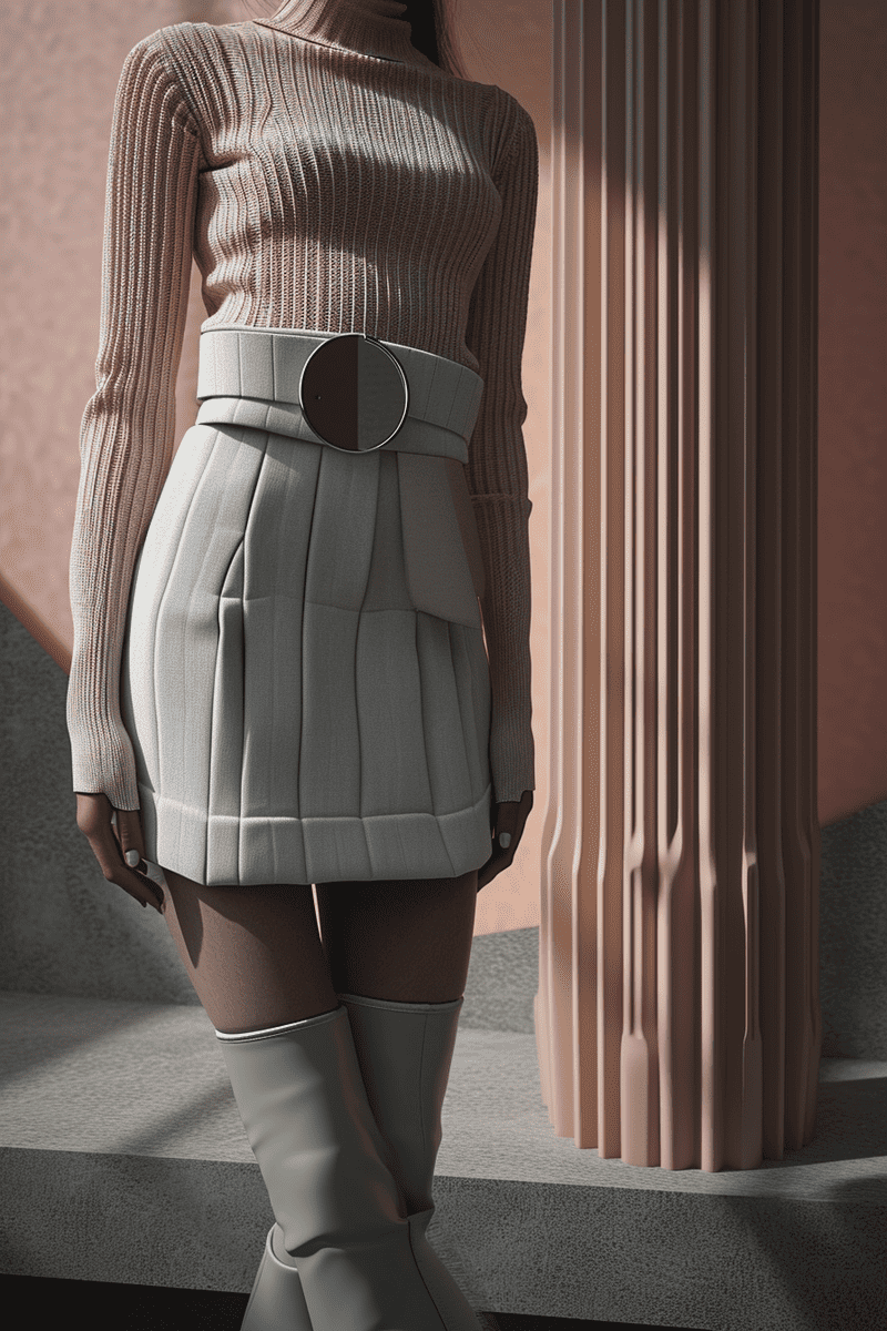 photograph showcasing a person wearing thigh-high boots with a fitted skirt and various types of turtlenecks, from slightly loose to curve-hugging