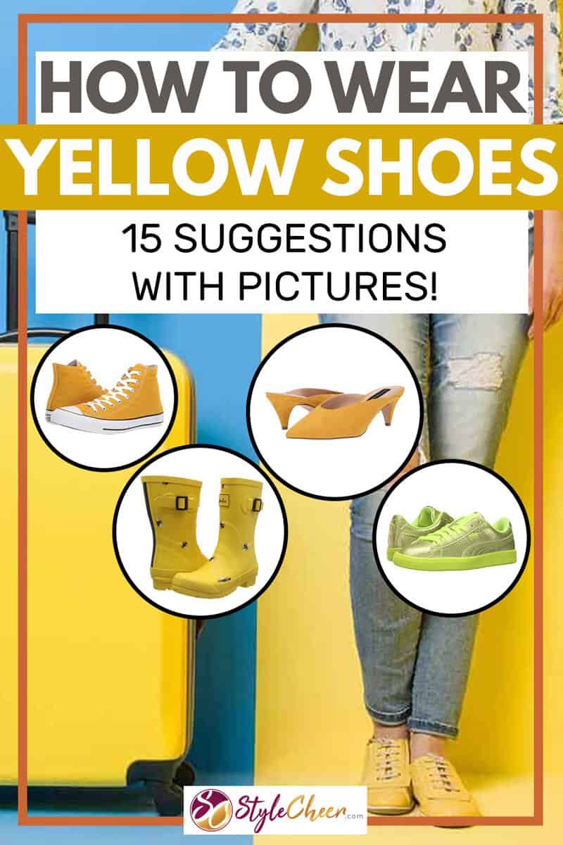 Woman on jeans and yellow shoes stands beside suitcase on colored background, How to Wear Yellow Shoes [15 Suggestions with Pictures!]