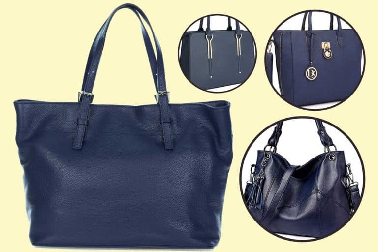 Collage of navy blue handbags on yellow background, How To Wear a Navy Blue Handbag?