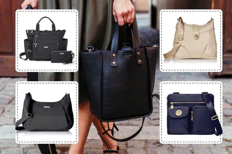 A collage of Baggallini handbags with a woman on the background holding a black handbag, 14 Gorgeous Baggallini Handbags You Should Check Out
