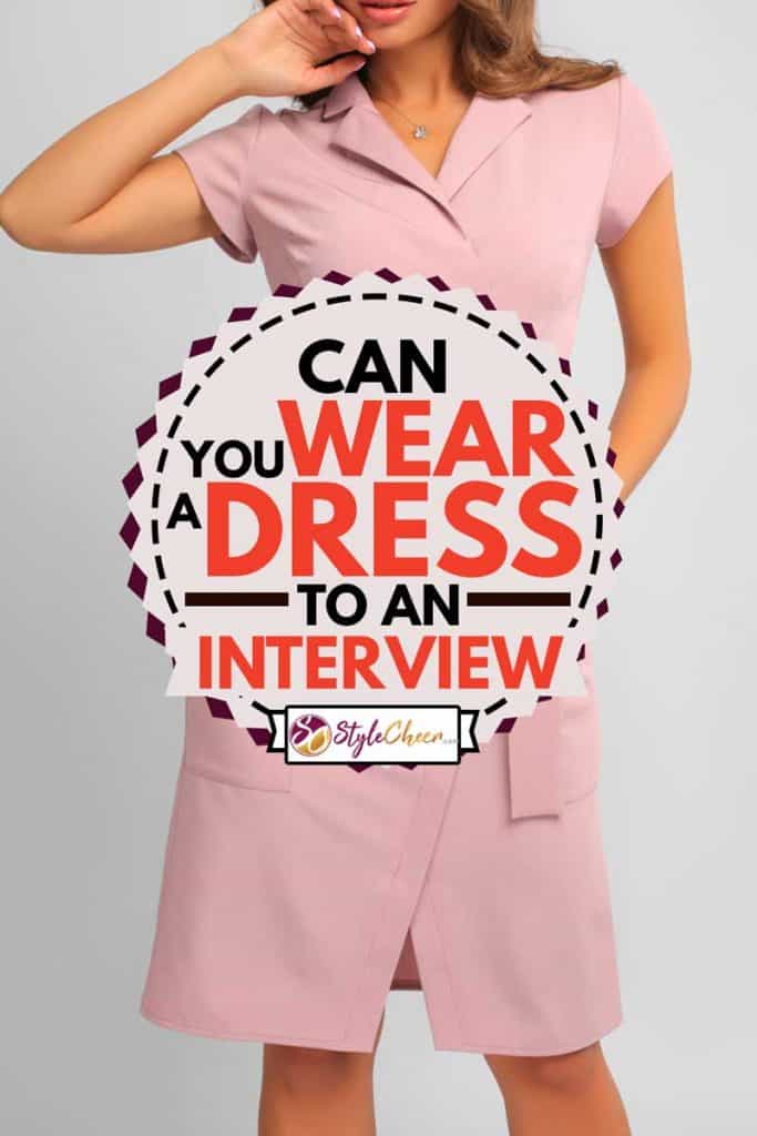 collage of all sides portrait of young woman wearing knee-length pink dress with the wrap, with belt on waist isolated on white background, Can You Wear a Dress To An Interview?