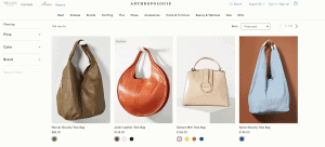 Anthropologie website product page for handbags