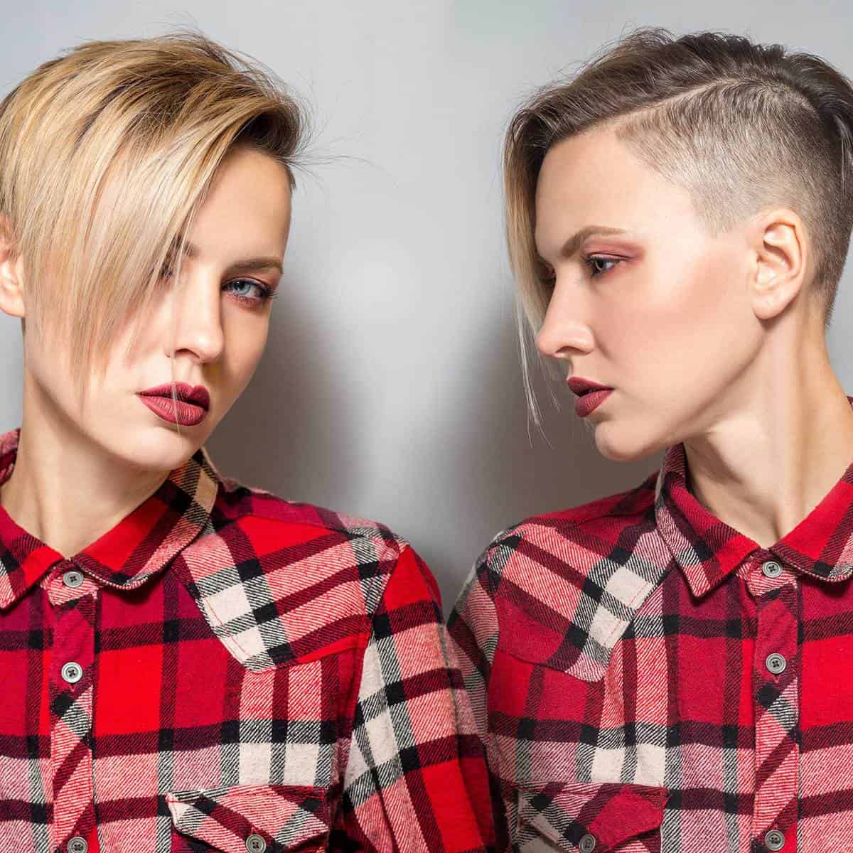 Studio portrait of a fashion blonde with short hair wearing checkered shirt