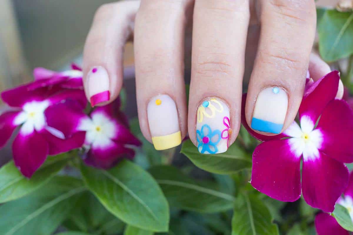 Summer inspired colorful flowers nail art design