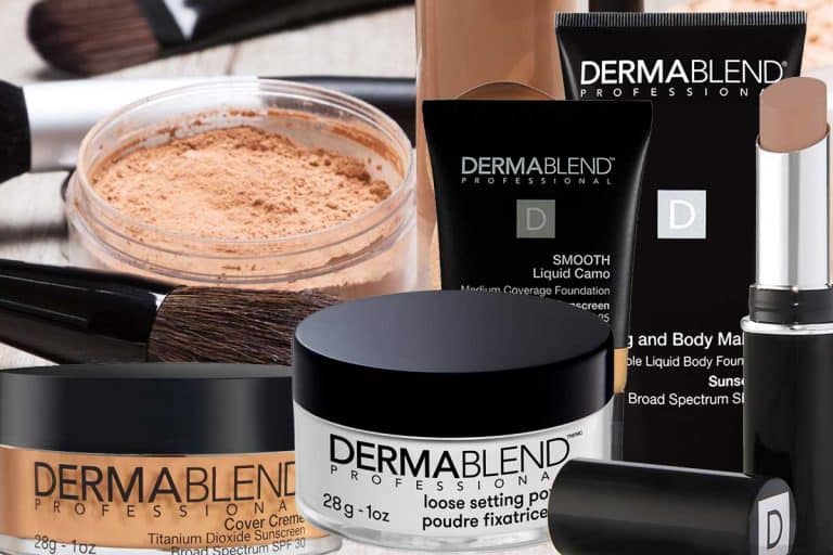 A collage of Dermablend makeup with makeup products and accessories on the background, Is Dermablend Waterproof? [And how to make it last]
