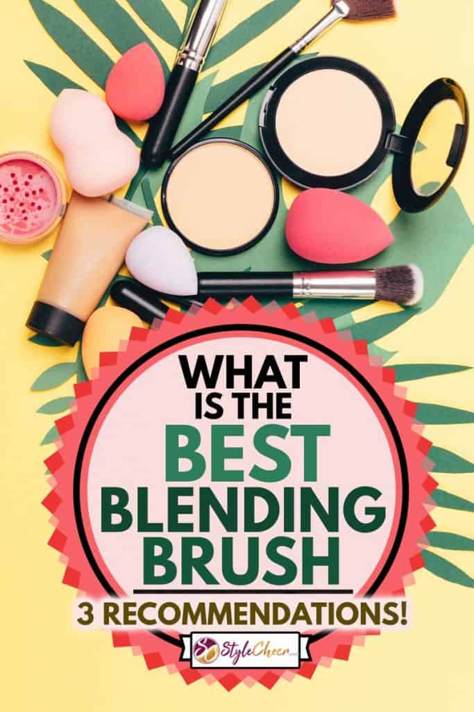Beauty makeup products and tools including blending brush on palm leaves on yellow background, What Is the Best Blending Brush? [3 Recommendations!]