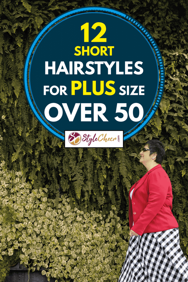 Woman over 50 with short hair walking along side a vertical garden, 12 Short Hairstyles for Plus Size Over 50