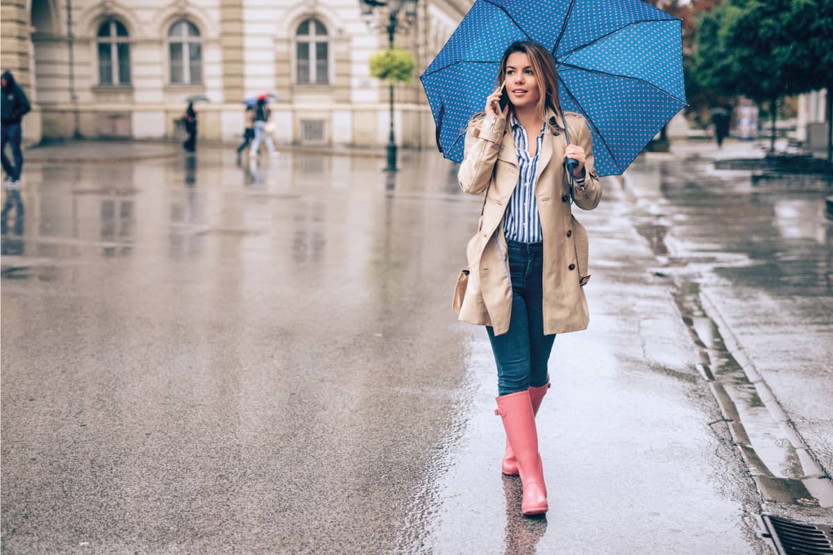 Beautiful girl in the rain with rubber boots talking on the phone in the city
