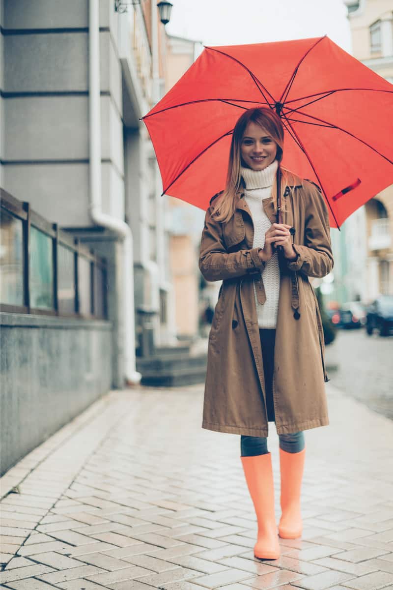 Beautiful young woman with umbrella and wearing rain boots
