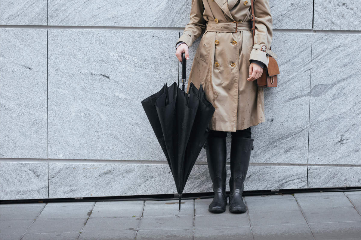 Unrecognizable woman wearing trench coat and rain boots holding umbrella while standing outdoors