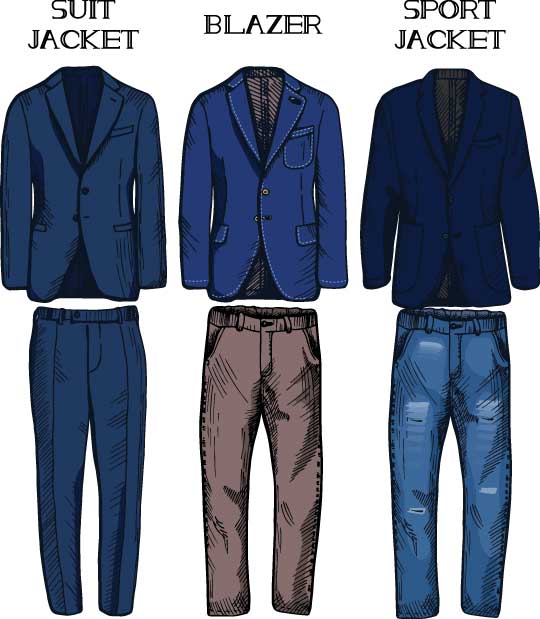 Vector illustration of suit, jacket and blazer with matching pants and jeans