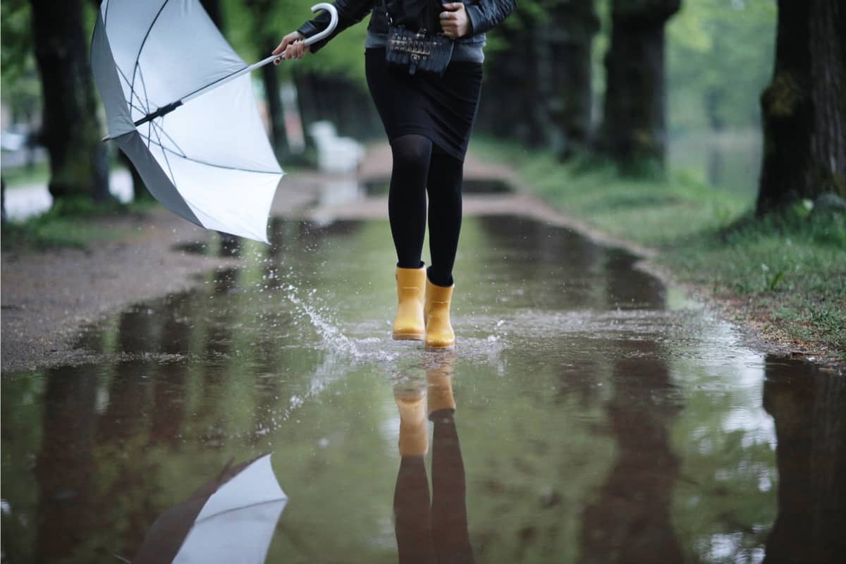 Woman in professional outfit wearing rubber boots