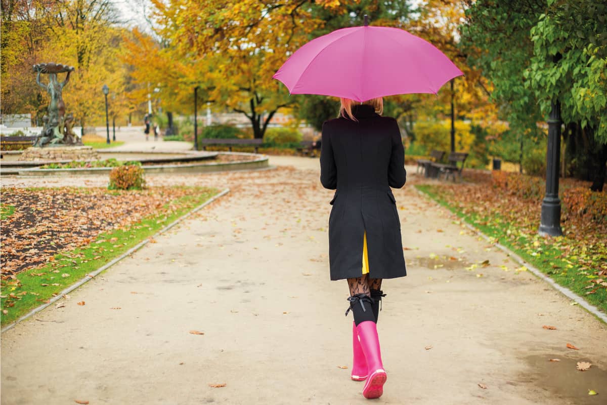 Woman with pink umbrella and rubber boots walking in park in autumn