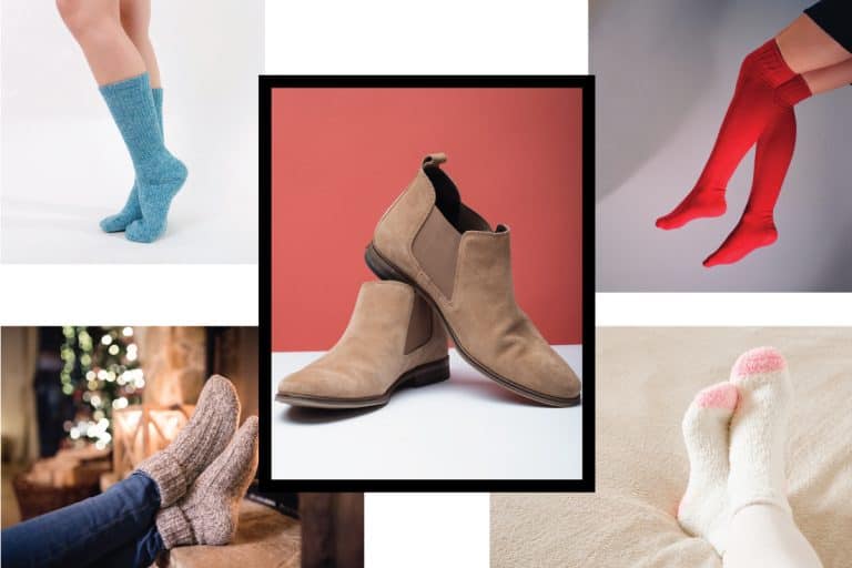 photo collage of a pair of chelsea boots in the middle surrounded by different kinds of socks that can be worn with it