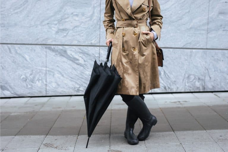 Woman wearing trench coat, rain boots and umbrella, What To Wear With Rain Boots?