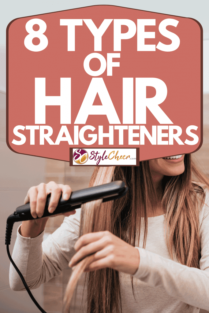 A woman straightening her hair using a hair straightener inside her bathroom, 8 Types Of Hair Straighteners