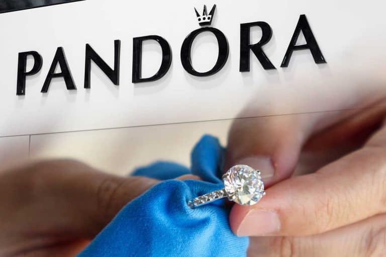 Collage of a jeweller hand polishing and cleaning jewelry diamond ring with micro fiber fabric and Pandora logo in shopping centre, 7 Best Pandora Jewelry Cleaners And Cleaning Cloths
