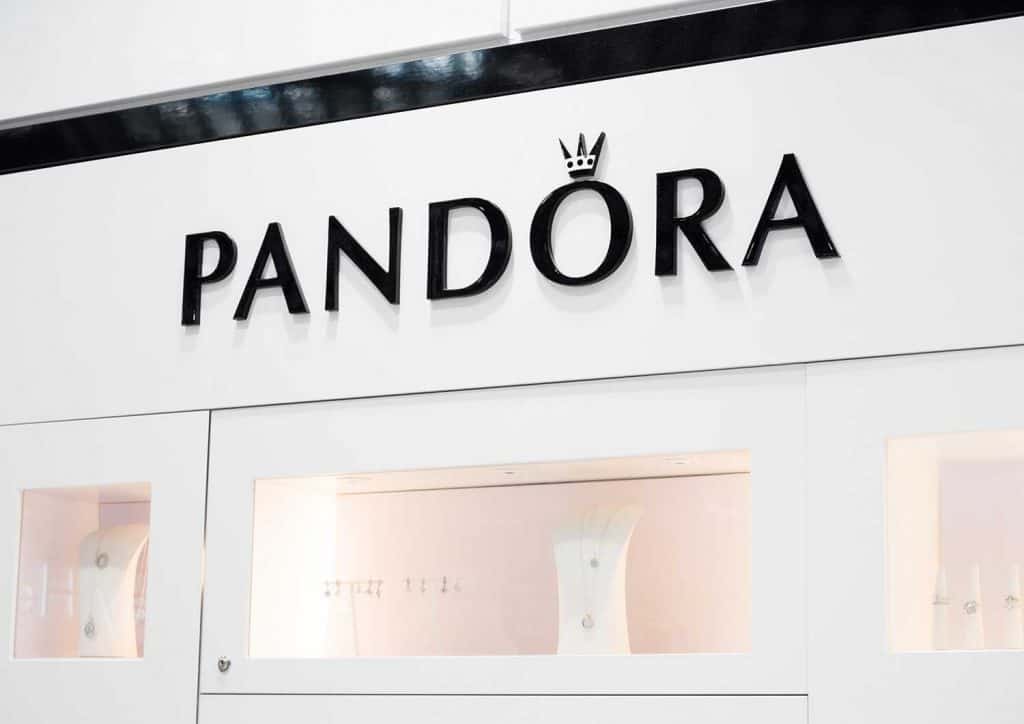 Pandora logo in shopping centre with jewelry glass stand