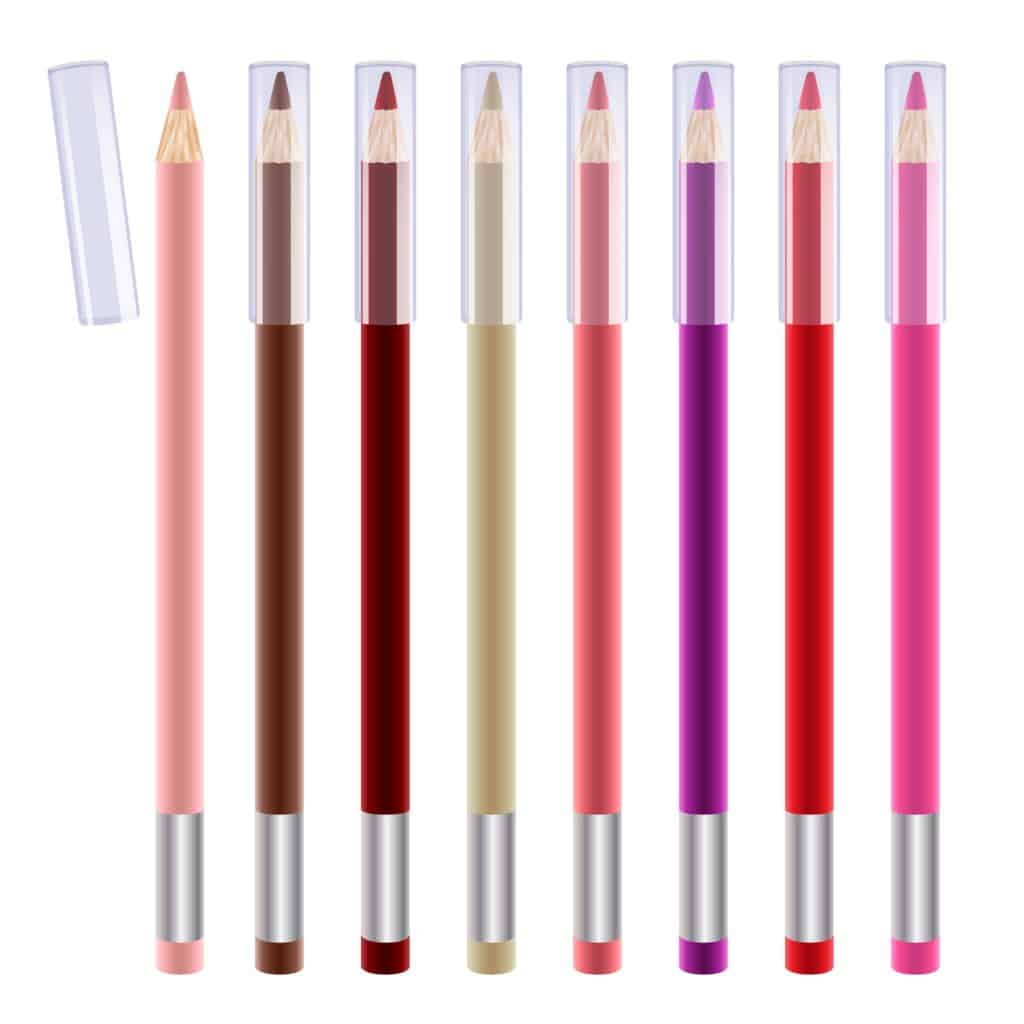 Different colored lip liners on a white background