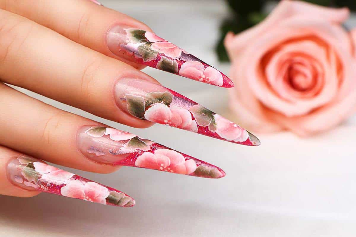 Nails manicured with floral design