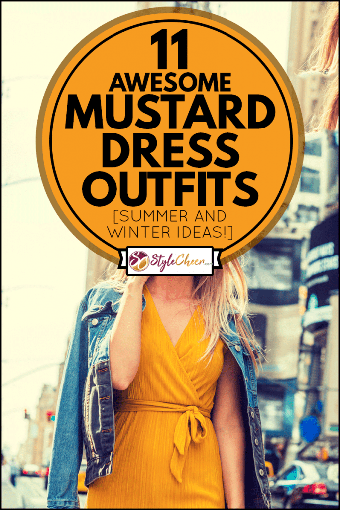 Young Eastern European Woman traveling in New York, with long brown hair, wearing yellow dress, blue Denim jacket draped over shoulder, blue sunglasses, walking on street in Times Square of Manhattan, 11 Awesome Mustard Dress Outfits [Summer And Winter Ideas!]