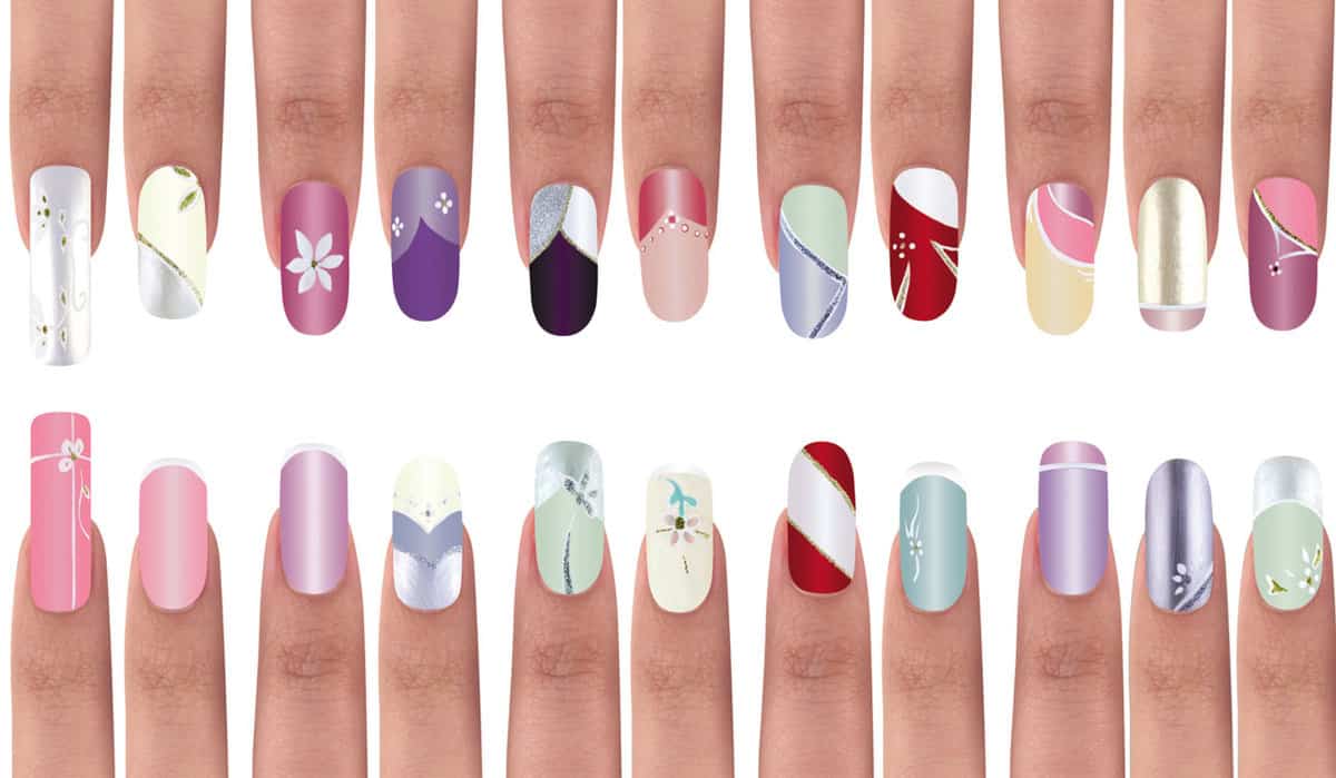 Different nail designs on a white background