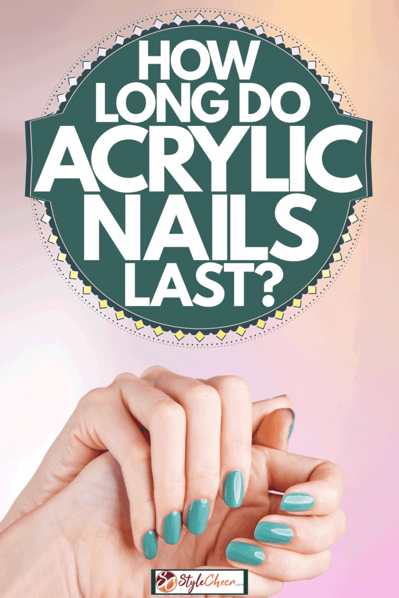 A woman showing her sky blue colored acrylic nail designs on a gradient background, How Long Do Acrylic Nails Last?
