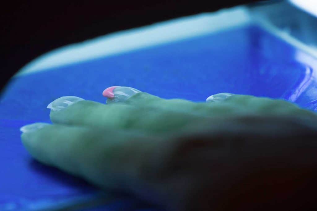Drying female fingernail polish in ultraviolet light dryer