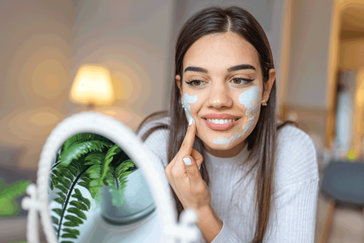 Woman applying mask on her face and looking in the mirror. Beautiful woman applying natural facial mask