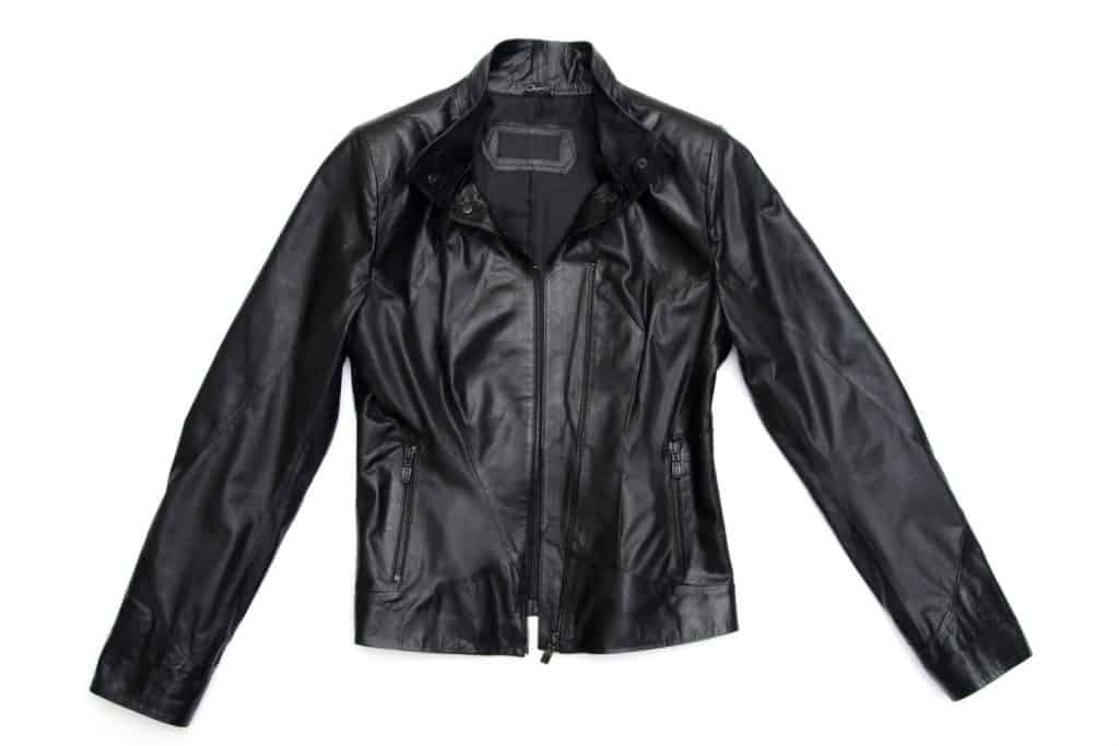A dark iron leather jacket on a white background