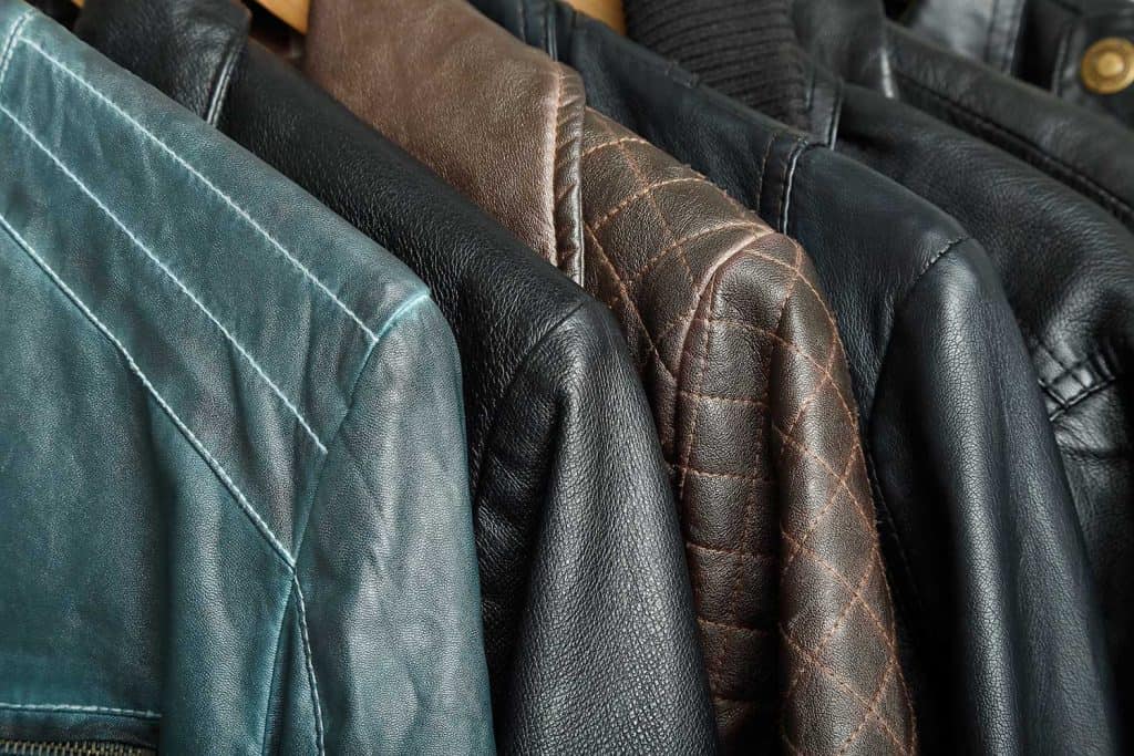 Variety of leather jackets close up