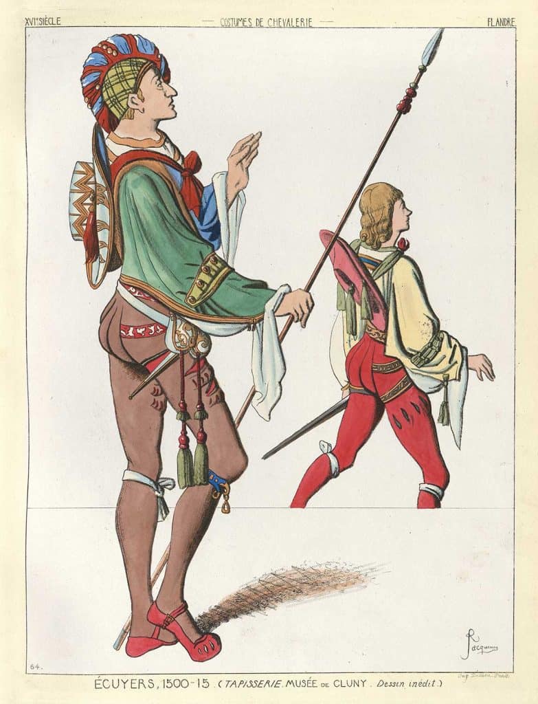 Vintage illustration of squires in medieval 16th century fashion