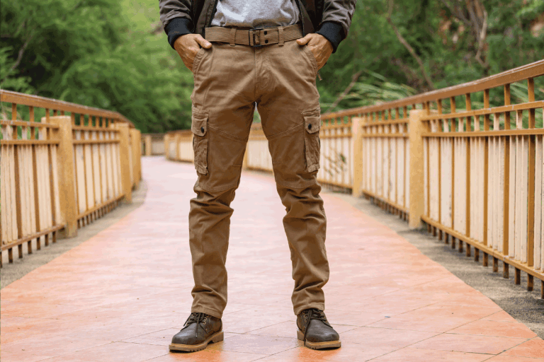 Model wearing cargo pants or cargo trousers. Do Cargo Pants Shrink Or Stretch Over Time