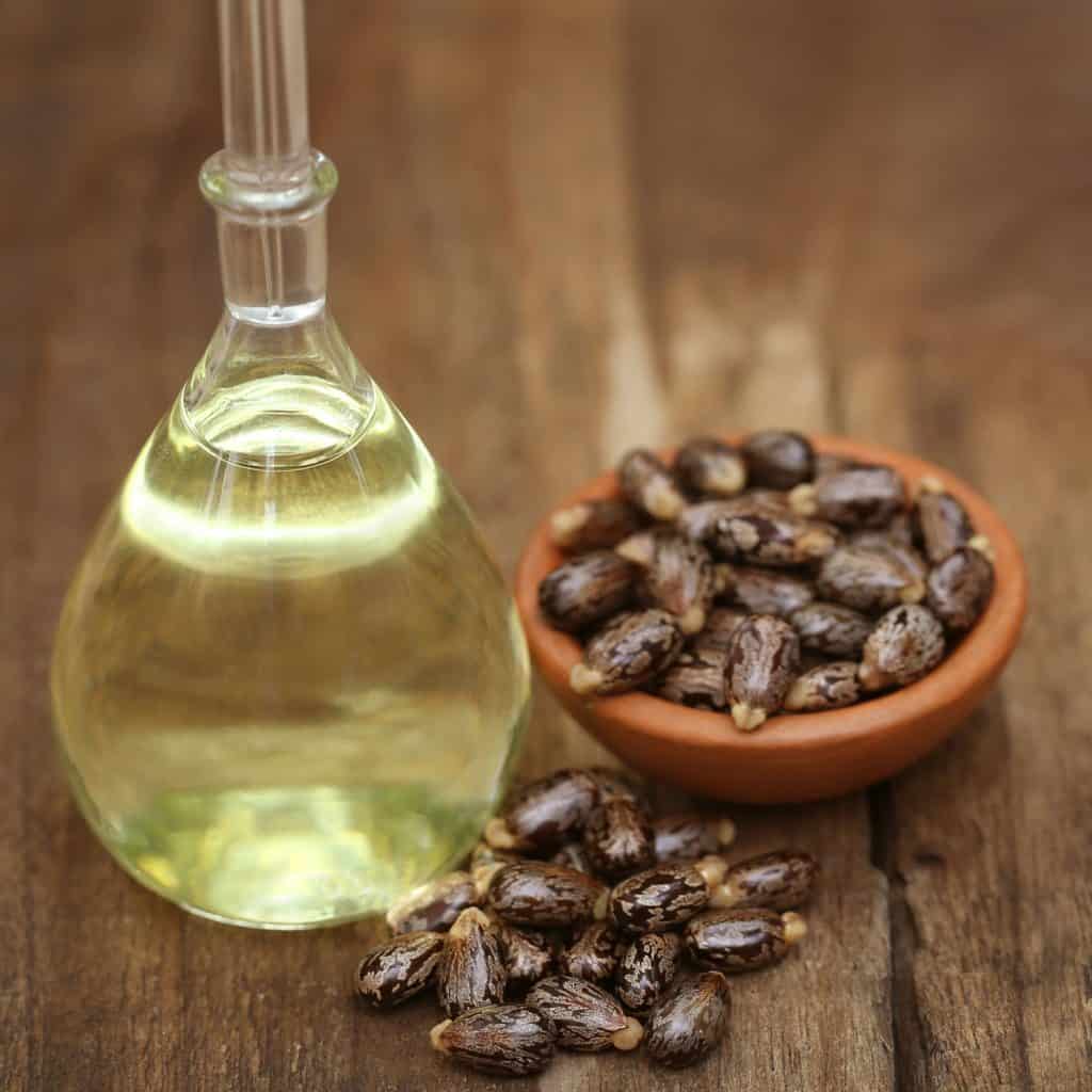 Castor oils with beans on a small brown container