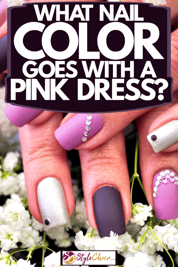 Beautiful purple nail polish decorated with diamonds, What Nail Color Goes With A Pink Dress?