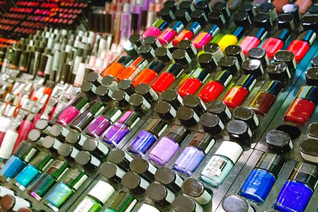 Bottles of nail polishes for choosing at the salon