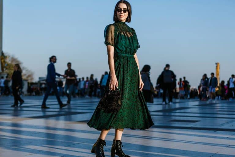 Woman wears green dress with animal print, What Color Accessories To Wear With A Green Dress [9 Great Ideas]