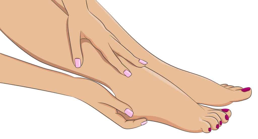 Female legs barefoot, side view. Woman hands doing feet massage or applying cream.