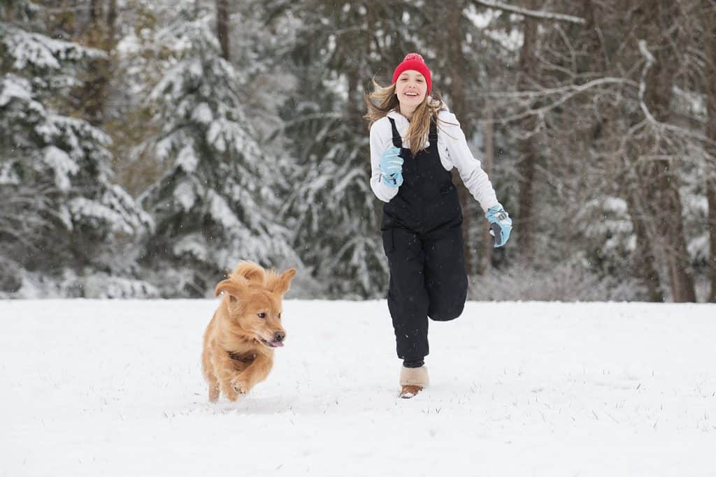 Happy young girl running in the snow with her golden retriever d