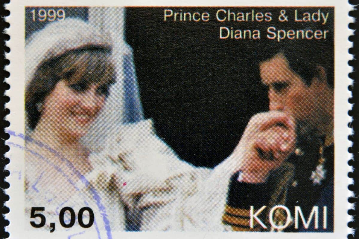  A stamp printed in Komi shows Prince Charles and Diana, princess of Wales, circa 1999